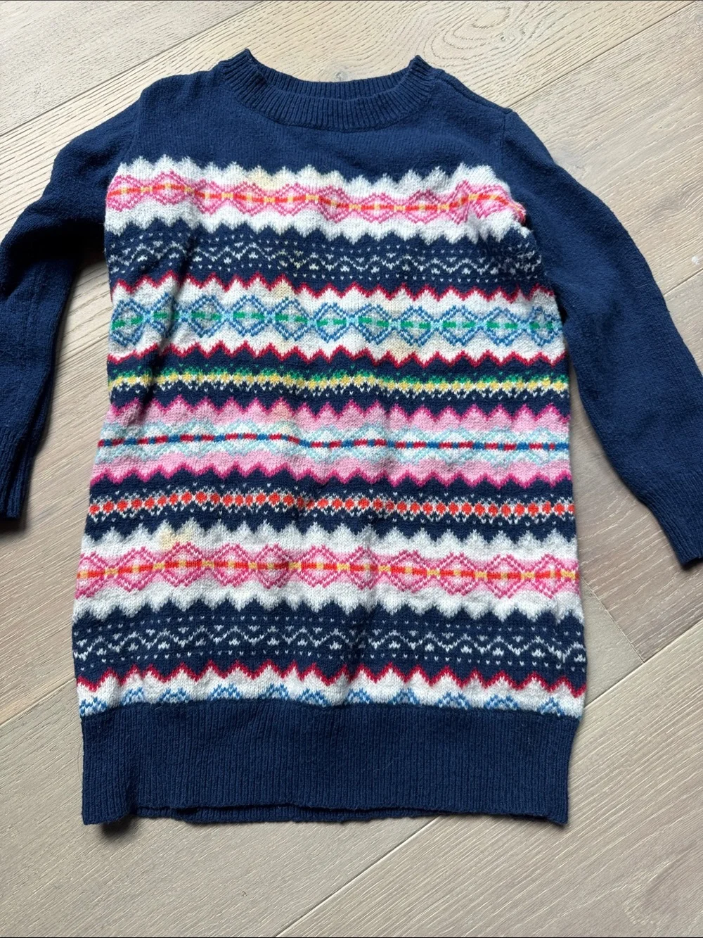 GAP Navy Fair Isle Crewneck Sweater Tunic with Pink, Green & Blue Accents